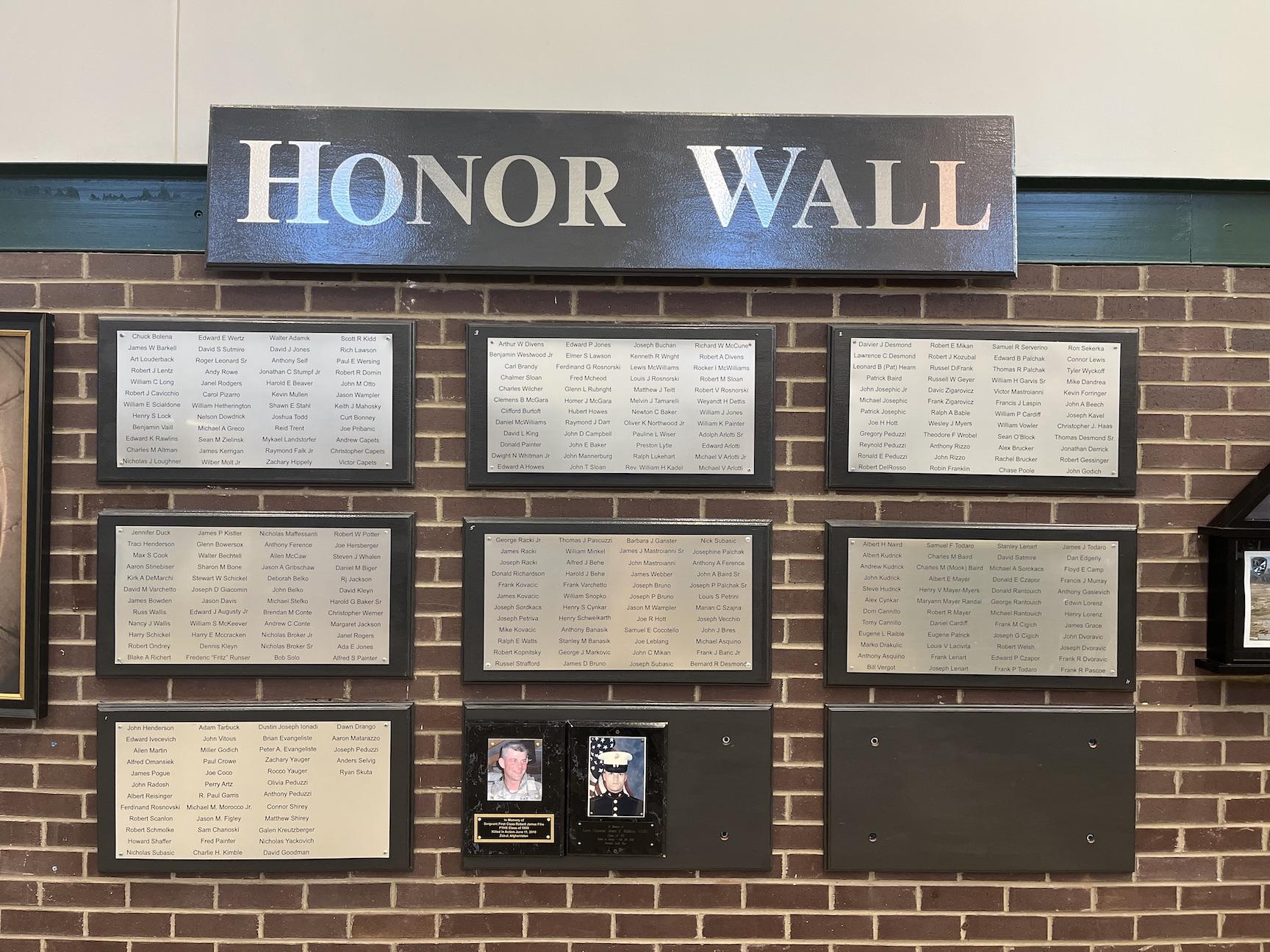 The honor wall adorns the main entrance of Penn-Trafford High School