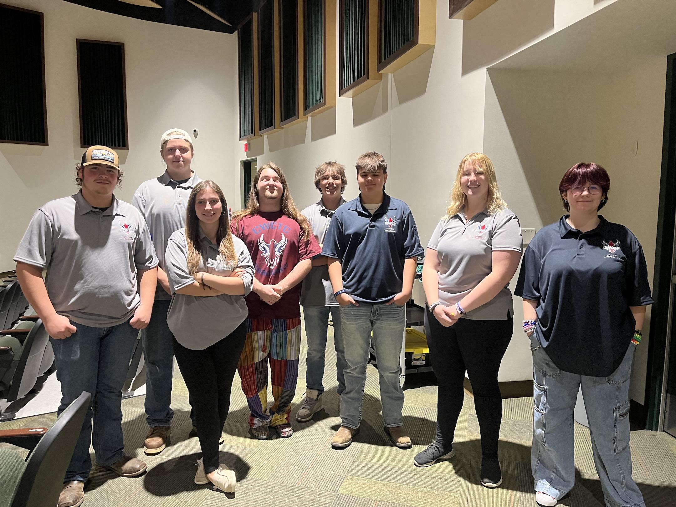 Penn-Trafford students who are currently enrolled at CWCTC acted as ambassadors; left to right:  Keaton Supancic- Powerline, Nathan Lasitis- Robotics Engineering & Manufacturing, Lizzie Noble- Sports Medicine, Hayden Inman- Protective Service, Chase Morocco- Architecture & Landscape Design, Kaleb Hacker- HVAC & Steamfitting, Savannah Palazzo- Health Occupations, and Teagan Brennan- Multimedia Design